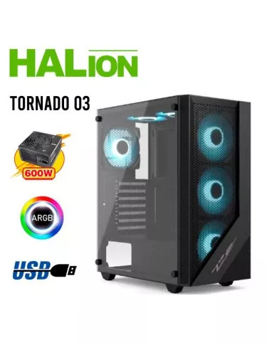 CASE GAMER HALION TORNADO-03 ( TORNADO 03 ) 600W | VIDRIO TEMPLADO | 4 LED-ARGB